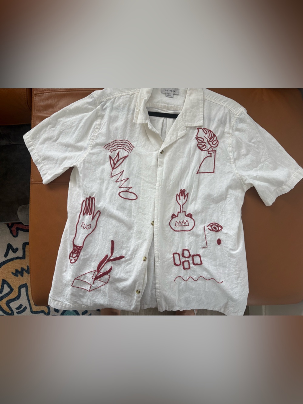 Cotton On White Short-Sleeve Button-Down Shirt with Red Embroidery